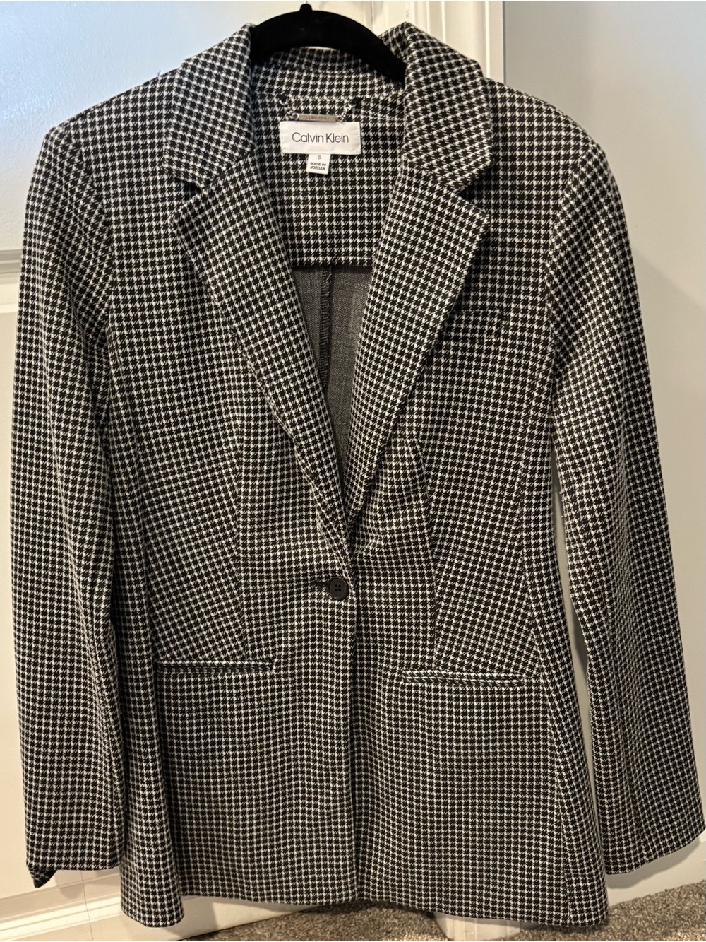 Calvin Klein Women's One-Button Houndstooth Blazer Jacket Black White Small